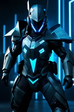 cyberpunk, neon blue, floating triangle of light behind the back, cyber armor, geometric patterns on an armor, male, orbiting triangle