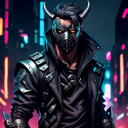 Half-demon male cyberpunk assassin wearing a metal mask