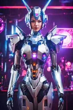 Realistic Photography beautiful woman as DJ player cyborg with body full gundam robotic,in disco club interior