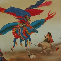 flying cows with wings fighting dragongs indian painting