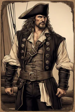 ,make a hero strong human, very realistic. Make it wearing a pirate dress standing by the ship stern