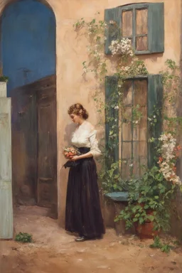 Night, one woman, house, vegetations, flowers, dirt, alfred stevens, and anna boch paintings