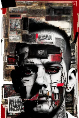 Ultra detailed medium portrait painting of a man, sitting on chair,in jail tattoos, rough look, skinhead ,mascara, evil look, chaos dark background,torn up collage of photo clippings, broken circuitry background, matrix effects, punk visual art, punk art aesthetic, graffiti art, pop surrealism, collage art, cluttered paint glitches