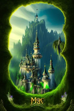 Powerful wizard using green magic, wearing dark cloak, castle in background on mountains