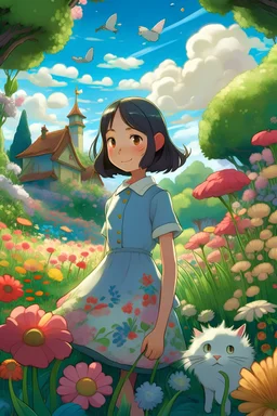 In a picturesque garden inspired by Hayao Miyazaki's art, an Asian girl named Amy, 22 years old, stands amidst a sea of blooming flowers. She wears a dress. The garden is filled with sea of blooming flowes, creating a enchanting and magical atmosphere. A friendly cat with mesmerizing eyes accompanies Amy.