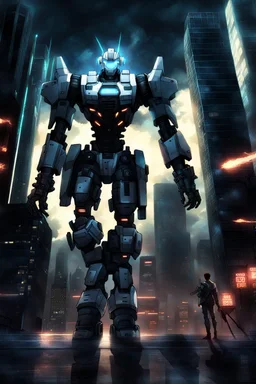 sky, cloud, holding_weapon, no_humans, glowing, , robot, building, glowing_eyes, mecha, science_fiction, city, realistic,mecha