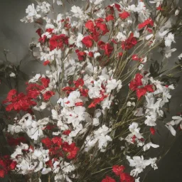 close up photo of different red and white withered flowers, soft light, 100mm lens, f / 2.8 , unreal engine 5.1, ultra high resolution, photorealistic, ultra high detail, octane render, beautiful, oil paint