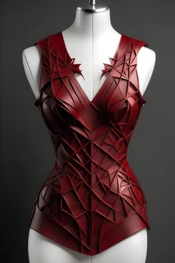 Dark red leather dress, off the shoulder, sleeveless, with cuts inspired by fractals in geometry