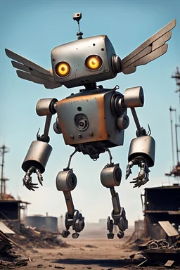 A metal robot that flies with one eye with a junkyard background