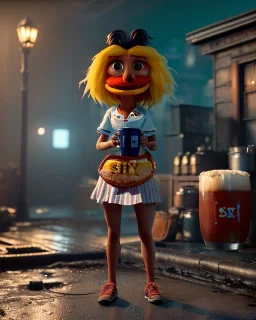 hybrid character, waitress sexy British woman with monster muppet mask that covers her entire head, Sesame Street style, retro style, short shirt, tray, beer, old school tattoo, hot, smooth, unreal engine 5, god lights, ray tracing, RTX, lumen lighting, ultra detail, volumetric lighting, 3d.