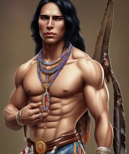 native american warrior, long black hair, big muscles, magic crystal neckless , shirtless