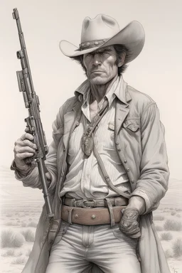 Cowboy with winchester rifle by Jean Giraud, Moebius, Arthur Adams, Dave Gibbons, highly detailed, pencil sketch, ultra realistic, dynamic pose, hight quality art