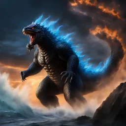 (Masterpiece), ((Godzilla rising from the Japanese Ocean)) with (extreme anger) in his face, medium perspective, metallic grey dragon skin scales, mouth open exposing ((stainless steal razor sharp teeth)), blue plasma aura glow around his body, (((blue flames exploding from his mouth))), panasonic lumix s pro 50mm f/1. 4, techpunk, knightcore. 8K, octane rendering, raytracing, intricate shadows, high definition, photo realism, hyper realistic, bokeh, acrylic paint, HDR, sharp focus, sharp edges,