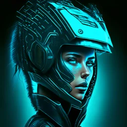 portrait of a woman cyberpunk cyan helmet black