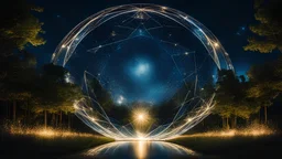 geometric relaxation, luxury, parabolic dream world, night, darkness, fireflies, enchanted, calm beauty, symmetry, crystalline fantasy world, magic, beautiful composition, exquisite detail, unusual, 80mm lens