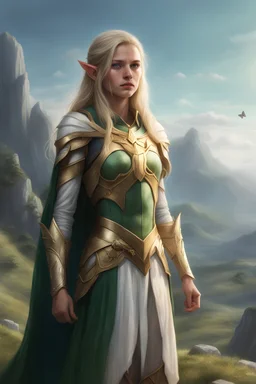 young female elf, blonde shoulder length straight hair, gold and white armor, glowing green cape, long hair, green cape, standing on a hill overlooking a mountain, realism, hyperrealistic, detailed, butterflies in background, glowing blue eyes