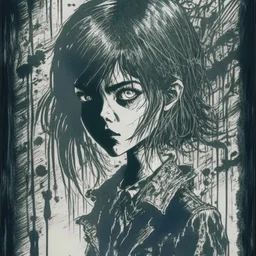 create a disturbing horror full body pen and ink sketch of a dark haired, savage, gothpunk vampire girl with highly detailed , sharply defined hair and facial features, in a dark, otherworldly London in the style of Junji Ito, precisely drawn, inked, with dramatic edges,