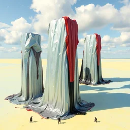 Fotografia di una superficie piatta di colore azzurro chiaro e giallo pastello, su cui si ergono alcuni gigantesche immense enormi strutture di forma indefinita, fatte di materiali vari, ricoperte da materiale plastico argentato, rosso, e nero, che scende a terra. Max Ernst, Amano, Yves Tanguy, Piet Mondrian, James Ensor, paranoic, obsessive, eccessivo, aria aperta, sole, nuvole, glossy, surreal, hasselblad h6d400c --ar 85:128 --v 6. Alcuni mostriciattoli