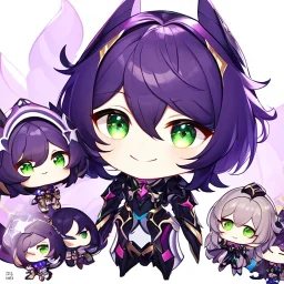 Clear focus,High resolution,High quality, Smiling, Purple long fluffy hair, Green eyes, Wearing a pink mech uniform, Honkai Impact Star Rail, Chibi