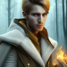 Male, Human, Blond, Sorcerer, Fire Mage, Golden Eyes, Young, Photorealism, Full Body Shot, Forest Background