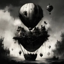 Fantasy world; surreal hot air balloon pirate themes, skull and crossbones designs, by Alexander Jansson, by Jeremy Mann, by Russ Mills, hypesurrreal; deep vibrant black, and white color scheme; ultra intricate complex detail, sinister, dynamic composition, hot air balloon wonderland, fantastical sunset, stunning landscape