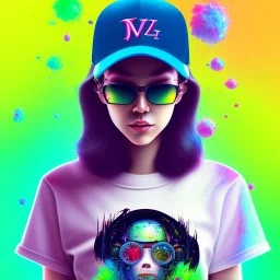 a girl wearing a baseball cap holding a small boombox in her hand, full shot. paint splashes, outrun, vaporware, shaded flat illustration, digital art, trending on artstation, highly detailed, fine detail, intricate