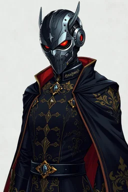 An anime-style concept art of a mysterious man wearing a robot-like mask that fully covers his head, intricately designed with metallic details and glowing red eyes that add an ominous, futuristic touch. He is dressed in an simple black medieval suit adorned with luxurious gold embroidery, intricate patterns, and jeweled accents, exuding the sophistication and power of noble lineage. His long, flowing black cape features a velvet texture with a rich inner lining of crimson