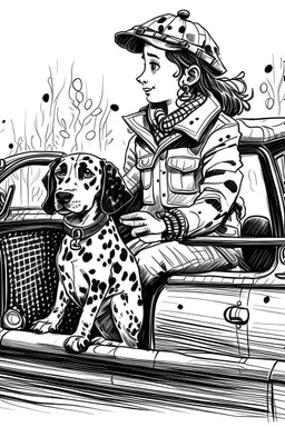 Ink sketch of a dalmatian dressed as a black cab driver resting one hand on the driving wheel and a young girl wrapped in an anorak sitting on the back seat