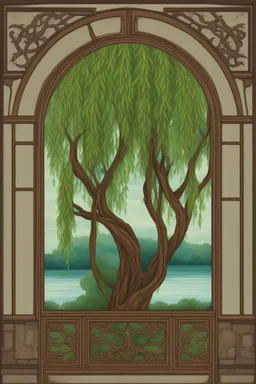 Colorful Logo of a pretty willow tree with long green hanging branches, standing outside a square window with an arch, emphasize the window and arch, serene tranquil background with a body of water.