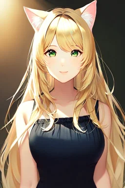 Clear focus,High resolution,High quality, Blonde long hair, green eyes, cat ears, Realistic