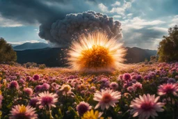 Atomic explosion, made of flowers, ULTRA REALISTIC, details, intricate detail, professional lighting, film lighting, 35mm, anamorphic, lightroom, cinematography, bokeh, lens flare, film grain, hdr10, 8k, Roger Deakins, incredibly detailed, reflect, sharpen