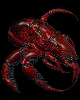 a realistic red lobster, front elevation, full figure, J C Leyendecker style illustratration, sharp detail, black background,