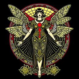 Full Body, Art Nouveau Woman With A Bob With A Fringe Hairstyle, Cleopatra Clothing, Steampunk Metal moth with red wings, Black Background