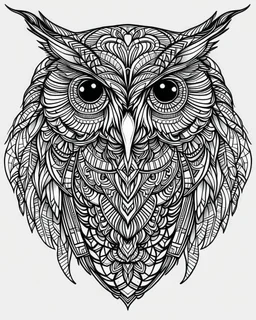 symetrical owl tattoo, coloring book page, clean line art, adults drawing book, Black and white only, crisp black lines, sharp lines, coloring page for adults, black and white picture, lots of details, tattoo style,tattoo ideas, full body, without shadows and colors