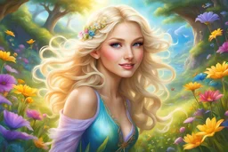 Enlighten amazing image Elegant Beautiful nice smiling elf faery with flowing blonde Hair, exploring the magical realm of Neverland magic bright colours. Picture her in a vibrant meadow surrounded by fantastical sweat creatures, lost in this timeless and(( dreamlike world)). Capture the essence of innocence, fear, and the endless obstacles that unfold in the encasing landscapes of Neverland stunning detail, creative, cinematic, amazing composition, elegant, fascinating, intricate high details