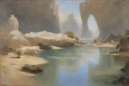 rocks, lagoon, vegetations, space, sci-fi, solar warden program influence, epic, willem maris and anna boch impressionism paintings