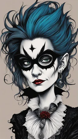 Maurice Sendak, Edward Gorey, and Ralph Steadman style, close up, full body, caricature portrait illustration, of a gothpunk vampire girl, with highly detailed hair and facial features, precisely drawn and inked in vibrant chromatic color