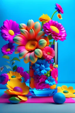 "Social media advertisement for floral flavor using 3D technology and 8K resolution, with vibrant and appealing colors."