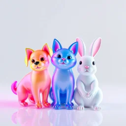 Colored translucent 3D small dog, cat, and rabbit displayed side by side funny poses, smooth glass and acrylic materials, pastel and neon color palette, clean minimalist background, soft studio lighting, refractive and reflective surfaces, product render style, cinema 4D, redshift, high detail, centered composition.