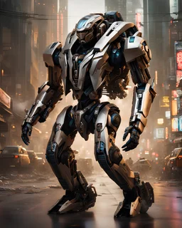 A length image ,full body hyper-detailed front view of a Cyber-man mech in transformative style, his metallic skin gleaming with intricate textures and intricate details, captured in an ultra-realistic style that blurs the lines between reality and imagination.