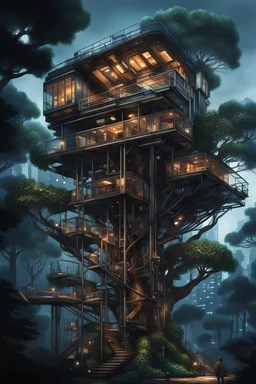 Dibujo arquitectónico de una casa del árbol cyberpunk, hiperdetallada, calidad ultra, increíble obra de arte