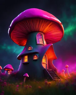 An asymmetrical mushroom house in the night sky. in space. Bright Bold Bright Colors, pink orange green, Stark Dark background. Detailed Matte Painting, deep color, fantastical, intricate detail, splash screen, hyperdetailed, insane depth, Fantasy concept art, 8k resolution, trending on artstation, Unreal Engine 5, color depth, Deep Colors, backlit, splash art, dramatic, splash art Style. High Quality, Painterly, Whimsical, Fun, Imaginative, Bubbly, good detail, perfect composition,