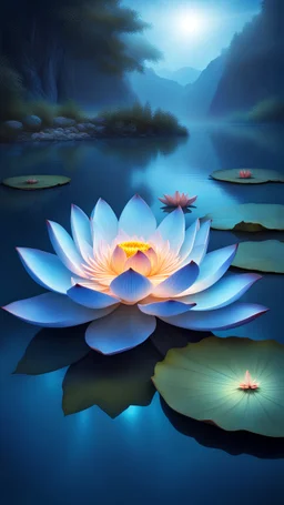 stunning mystic lotus flower on azure lake, glowing blue pistils high realistic, stunning