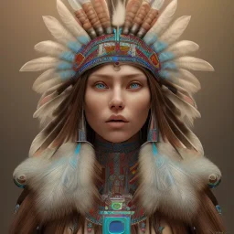 war painted pueblo Indian female,detailed eyes, blue eyes,, disturbed expression.intricate detaile,thnically accurate face, intricate head dress,detailed turquoise jewelry, detailed hair, detailed feathers, use dynamic palette, accurate proportions, high contrast black smokey bokeh background.studio ghibli,andrea bonelli,Kilian Eng,Ohrai, korra character, style.