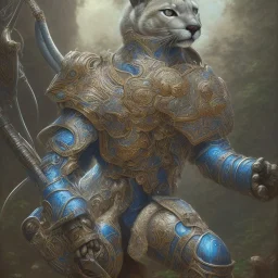 a cougar warrior in blue and white battle armor, a highly detailed illustration, background of Inka jungle, realistic render, 8 k, micro detail, intricate, elegant, centered, digital painting, Artstation, smooth, sharp focus, illustration, artgerm, tomasz alen kopera, peter mohrbacher, donato giancola, joseph christian leyendecker, wlop, boris vallejo