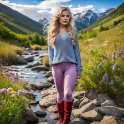 country side ,blue sky , mountains, pretty clouds ,small rocky river with clear water small rocks in floor,wild flowers,beautiful 18 year old girl with ash blonde hair and blue eyes with her curvy hair down, wearing a long-sleeved woollen top, and lilac long leggings, with long red boots full body standing pose shot