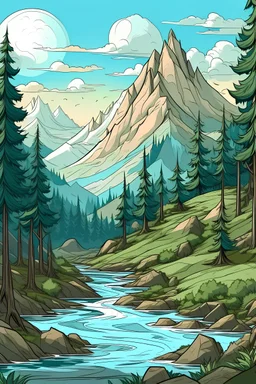 design, painting of a mountain with trees and water, a detailed painting, environmental art, detailed painting, outlined art, 2d game art