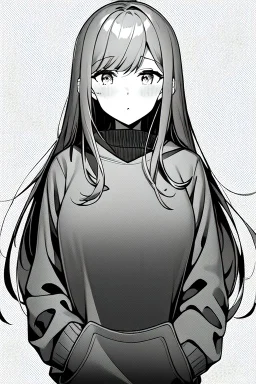 girl in love with long hair thinks in a loose sweatshirt, line arts, greyscale,