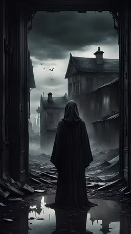 The frame opens onto abandoned buildings, in the foreground a gloomy figure in a black elegant robe without a face stands epically and looks towards the buildings, an atmosphere of horror