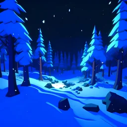 A 3D winter forest covered in snow at night from a Nintendo 64 game